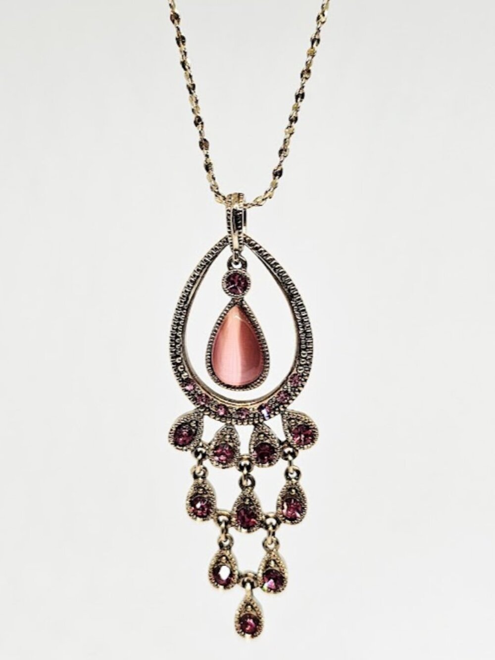 Gold Tone Pink Teardrop Pendant Necklace Long Chain Layered Dangle Chandelier